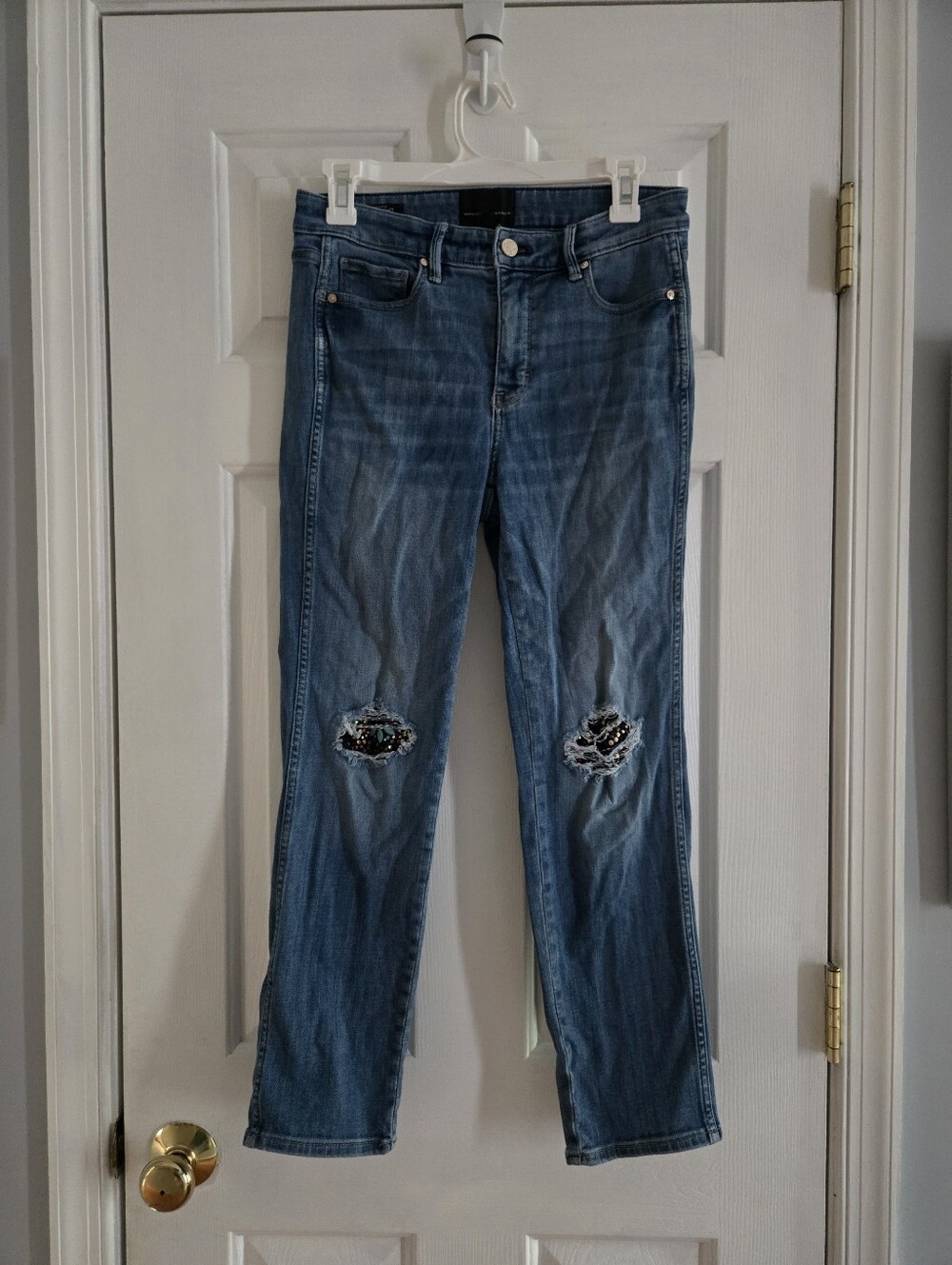 White House Black Market High Rise Straight Leg Distressed Embellished Jeans 4